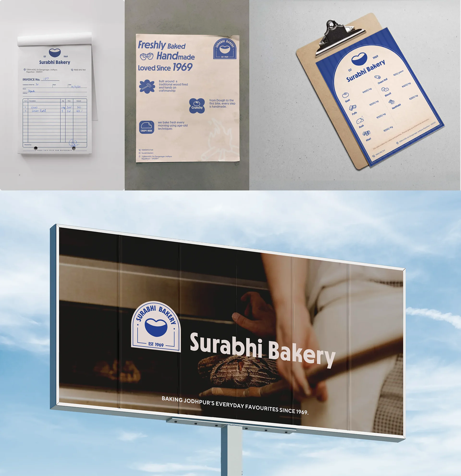 Menu, letterhead and a Surabhi Bakery billboard