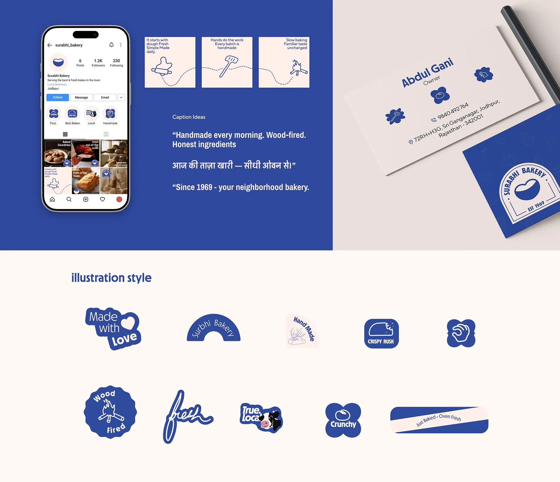 Brand applications: mobile site, business cards and illustration style