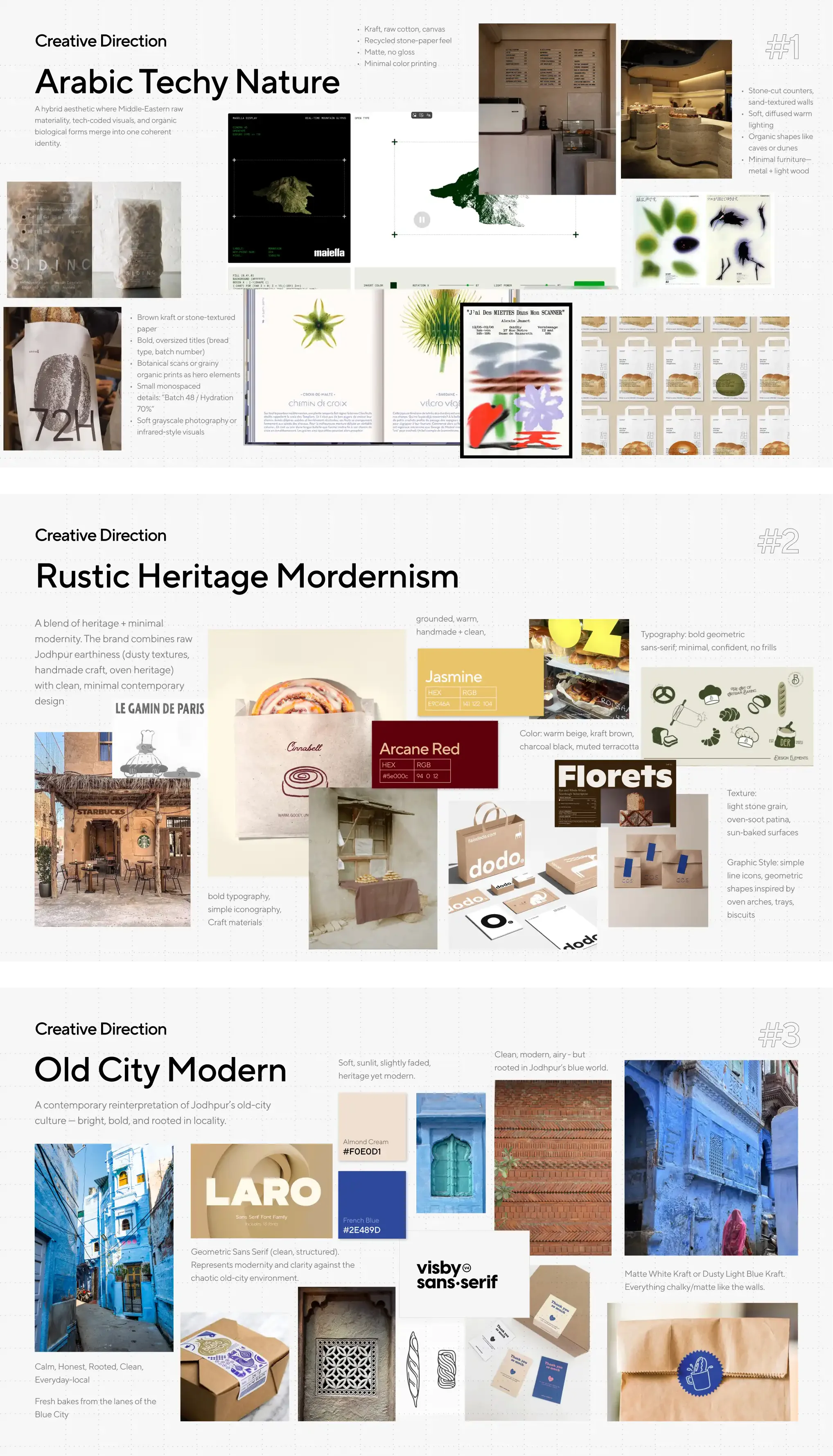 Three creative directions: Arabic Techy Nature, Rustic Heritage Modernism, Old City Modern