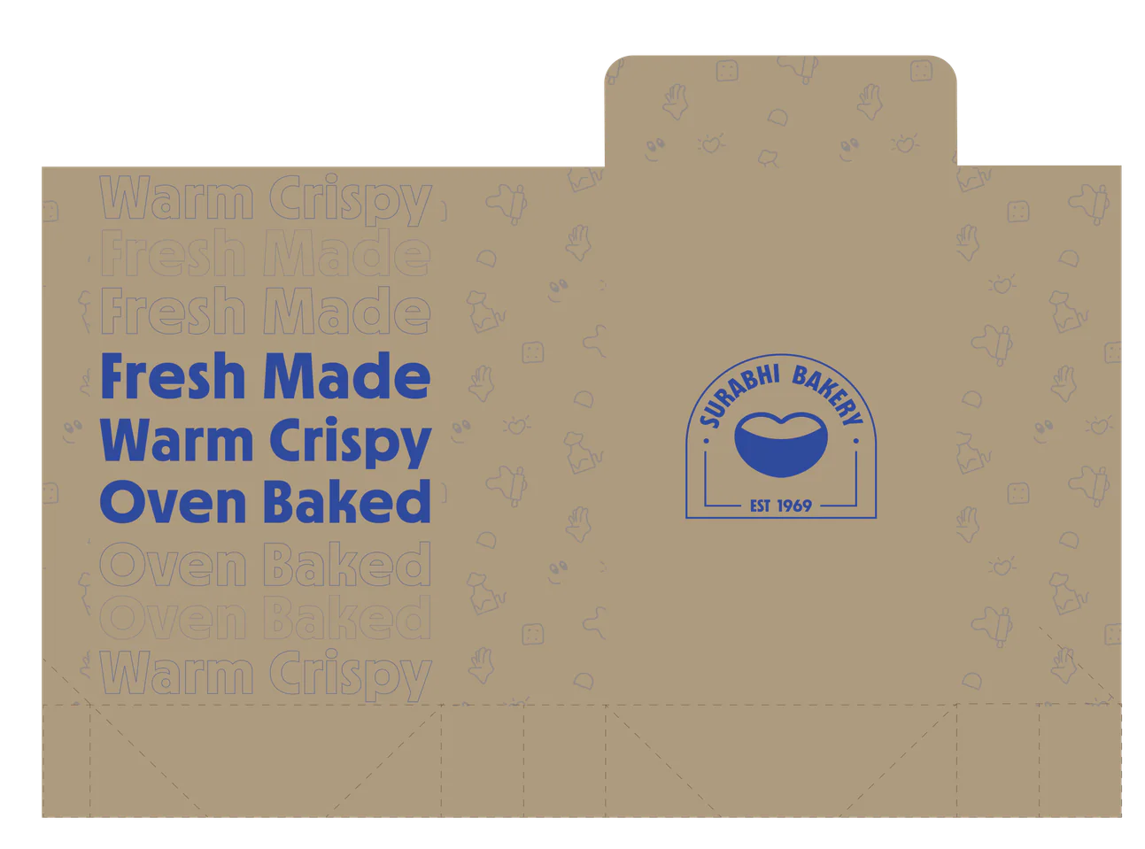 Fresh Made, Warm Crispy, Oven Baked sleeve in blue