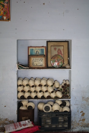 Khadi bobbins stacked at Jetharam ji's home