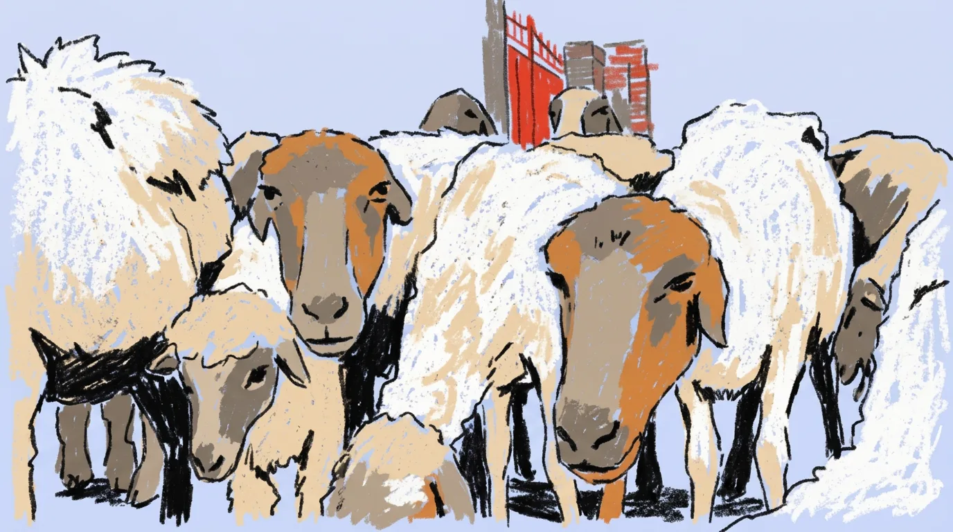 Crayon illustration of a flock of sheep crowded together in Bikaner
