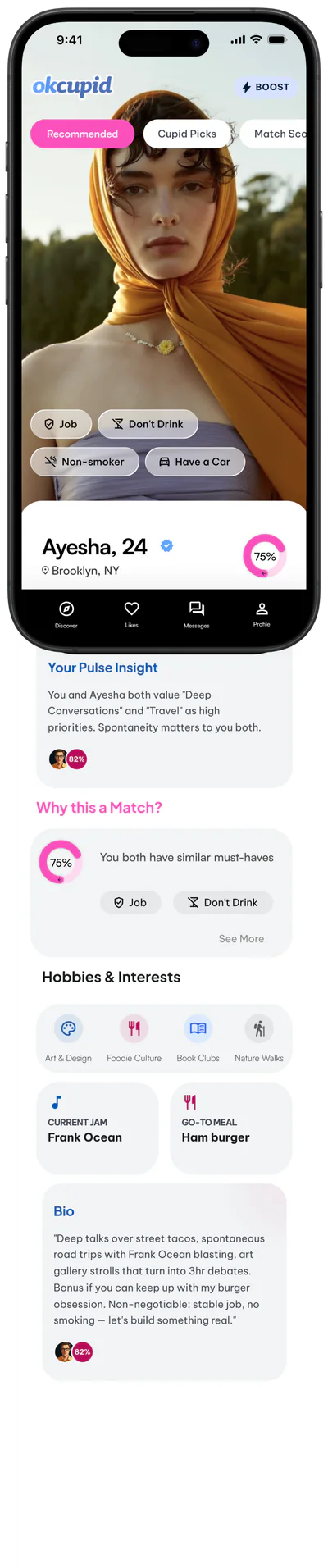 Home page profile card with must-haves and Pulse Insight